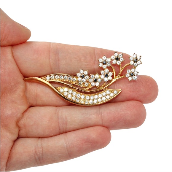 Vintage Rhinestone Flower Brooch Gold Tone Bouquet Clear Black Flowers Long Stem - Picture 4 of 4